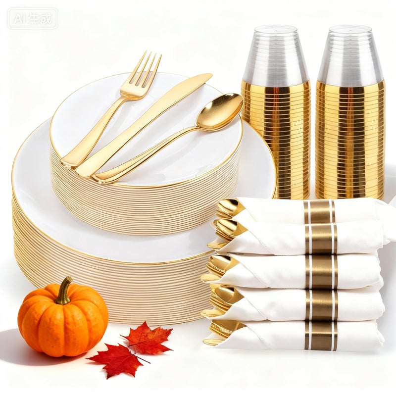KIRE 175PCS Gold Plates Disposable Heavy Duty White and Gold Plastic Plates Dinnerware Sets 25 for Dinner 25 for Dessert 25 Pre Rolled Napkins and 25 Cups for BirthdayThanksgiving PartyWedding